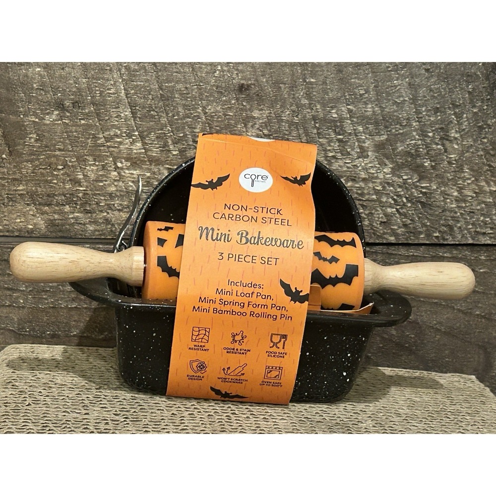 Core Kitchen Halloween Mini Bakeware 3 Pcs Set Bats Loaf Springform Rolling Pin